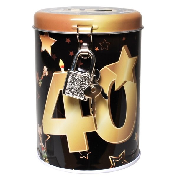 1  Metall-Spardose 40. Geburtstag mit Schloss  schwarz/gold