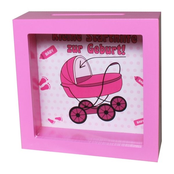 1 Bilderrahmen-Spardose "Geburt / Kinderwagen rosa"