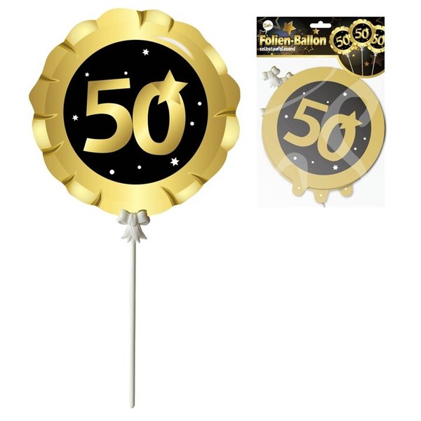 Ballon selbstaufblasend "50 " Geburtstag, schwarz/gold, 3-tlg.