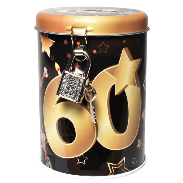 1 Metall-Spardose mit Schloss "60", schwarz/gold